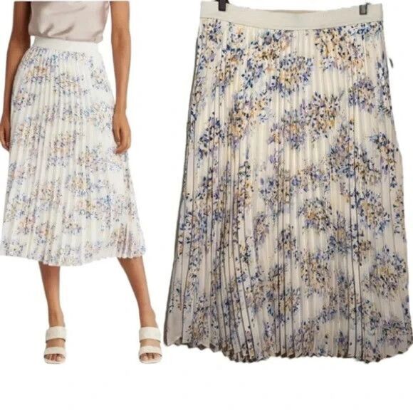 NWT Vince Camuto Womens Ivory Lavender Blue Floral Pleated Midi Skirt Size Small - Picture 1 of 7